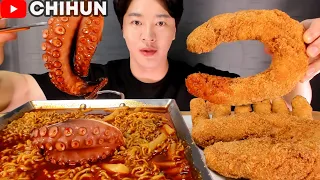 ASMR MUKBANG & COOKING RECIPE | HUGE KIELBASA CORN DOG, CHEESE STICK, OCTOPUS FIRE NOODLE RICE CAKE