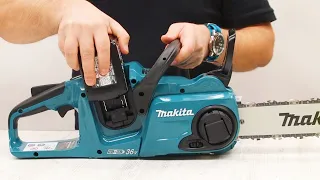 Makita DUC353 cordless chainsaw 2x18V LXT, unpacking, assembly and preparation for work