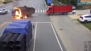 Motorcyclist Miraculously Survives After Truck Explodes In Crash