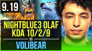 Nightblue3 OLAF vs VOLIBEAR (JUNGLE) | 2 early solo kills, KDA 10/2/9 | NA Diamond | v9.19