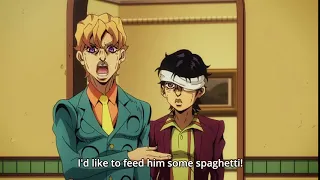 Fugo wants to feed Narancia some spaghetti