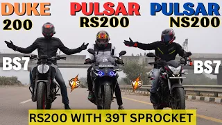 Pulsar RS200 {BS7}  With 39T Sprocket vs Duke 200 {BS7} vs Pulsar NS200 {BS7} Drag Race |