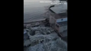 DRONE VIDEO: Water gushing out and destroyed structures at Ukraine dam hit by blasts