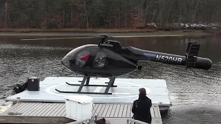 MD520N HELICOPTER TAKING OFF FROM PONTOON BOAT!