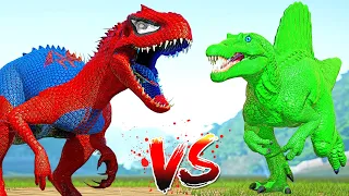 Spiderman I-Rex Vs Ironman Giganotosaurus Vs Indoraptor -  Jurassic World Evolution 2 Epic Fight