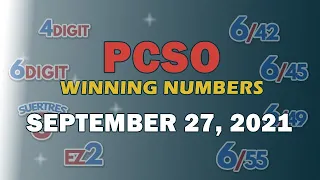 P33M Jackpot Grand Lotto 6/55, EZ2, Suertres, 4Digit and Megalotto 6/45 | September 27, 2021