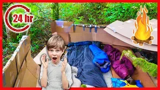 24 Hour Recycled BOX FORT CHALLENGE in the WOODS AT NIGHT! (Primitive Survival Fire)