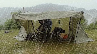 HOT TENT CAMP WITH STOVE IN HEAVY RAIN • ASMR