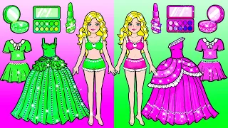 Pink VS Green Barbie Makeup Handmade 💗 Barbie Transformation Dress Up 💚 WOA Barbie House