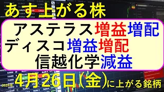 あす上がる株　2024年４月２６日（金）に上がる銘柄　～最新の日本株での株式投資。初心者でも。アステラス製薬、ディスコ、信越化学、富士通、小糸製作所、キーエンス、塩野義製薬の決算と株価の推移。～