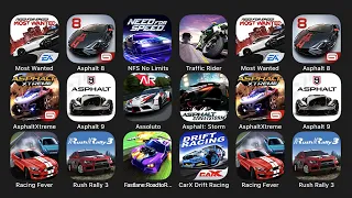 Need For Speed Most Wanted, Asphalt 8, NFS No Limits, Traffic Rider, Asphalt Xtreme, Asphalt 9...