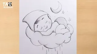 A Dreaming Baby boy sleeping on clouds pencildrawing