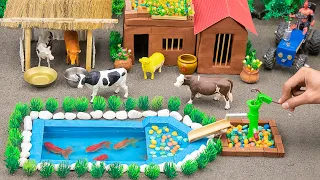DIY tractor Farm Diorama with mini fish pond, house cow | water pump supply water for animals #16