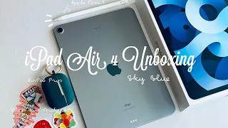 iPad Air 4 (Sky Blue) Engraved + Apple Pencil 2 Unboxing ☁️🦋 | Accessories and Sue Tsai stickers