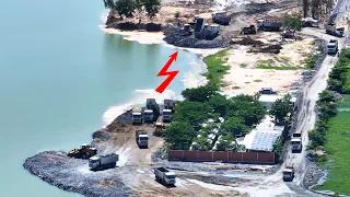 Part 258| Amazing Dump Truck SHACMAN Delivery Rock Filling Into Water & Dozer SHANTUI pushing rock