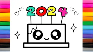 New Year 2024 Cake Drawing for Kids| Cute New Year Cake Painting, Colouring, Painting| Kids Learning