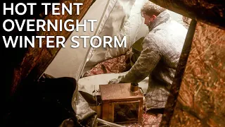 Overnight Winter Storm - Hot Tent ASMR Camping: Cooking & Relax with Wood Stove