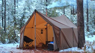 Hot Tent Camping in Snow, Relaxing in Tent Shelter, with my Dog, ASMR