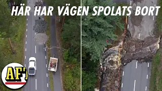 Drönarbilderna visar: Här har vägen spolats bort i Gävle