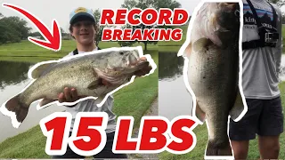 Kid Catches 15 POUND BASS!!! (Record Breaking)