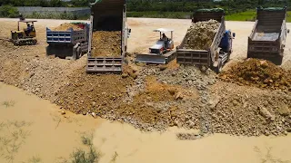 Part 2 Great 2Dozer Push Dirt Slide In To Water With Dump Truck At Work For Land Filling