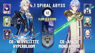 NEW ABYSS 4.1 - C6 Neuvillette Hyperbloom and C0 Ayato MonoHydro - Genshin lmpact - Floor 12 9 Stars