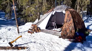 Winter Camping in Hot Tent. 2 Days ONE in Russian Bear Tent