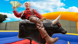 LAST TO FALL OFF MECHANICAL BULL WINS $10,000!! (New Mystery Neighbor Friend Reveal)