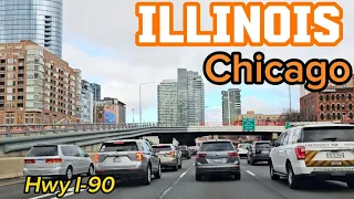 4K Highway and street drive. Hwy I-90, Chicago, IL. Sunday, January 28, 2024.