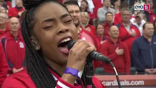 Kennedy Holmes sings the national anthem at Cardinals Opening Day