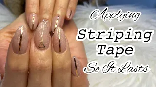 How to apply Striping Tape So It Lasts | Nude Almond Hard Gel Nails | Daily Charme