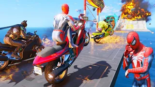 Spiderman Batman Superman - Fire Bridge Ramp Super Motos Challenge - GTA V MODS