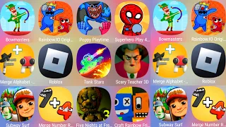 Bowmasters,Superhero Play 456,Poppy Playtime,Rainbow.io,Merge Alphabet,Roblox,Craft Rainbow Friends