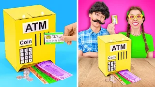 HOW TO MAKE DIY ATM BANK FROM CARDBOARD 📦 Rich vs Poor Parenting Hacks 😜 Ideas by 123 GO! TRENDS