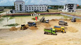 Updating Part11 The Best Team Dump Trucks 5Ton Unloading & Bulldozer Spreading Stone Into Water