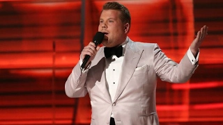 James Corden stumbles into first Grammy Awards with fall down stairs