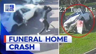 Four teenagers crash allegedly stolen car into funeral home in Melbourne | 9 News Australia