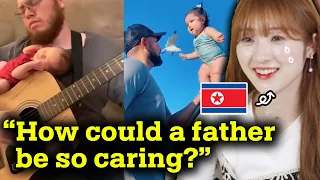 North Korean woman reacts to playful American fathers