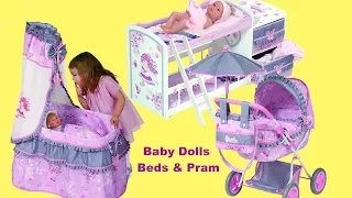 Baby Dolls Nursery Centre Dolls Cradle, Bed with Care Center and Pram with Umbrella -Unboxing Play