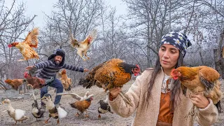 The Life of a Young Family in a Warm Shack on a Snowy Winter Day! We cooked Chicken Chygyrtma.