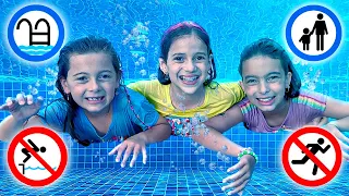 Jéssica Laurinha e Helena aprendem Regras de Segurança e bom comportamento na piscina