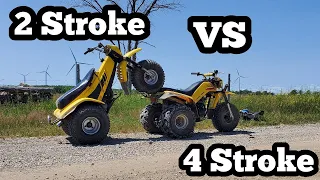 2 Stroke VS 4 Stroke, Which is Faster??? Yamaha Tri Moto 175 vs Yamaha 225dx Drag Race