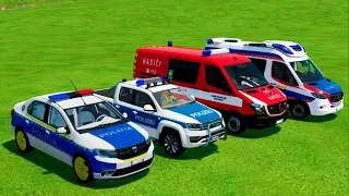 DACIA, VOLSKWAGEN, AUDI POPLICE CARS and MERCEDES, FORD AMBULANCE EMERGENCY TRANSPORT!FS22 #00104