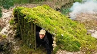 Building a Survival Shelter in a Forest - Camp food from natural herbs 2023