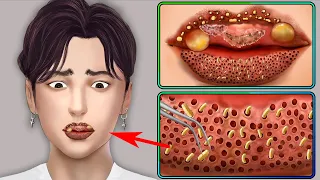 ASMR Remove Maggots & Worm from Infected Lips | Acne Extrusion Removal Animation