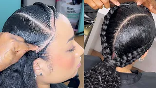 How to make 4 braids look like 2 with added curls | Braided Ponytail With Braiding Hair