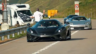 Hypercars Accelerating on Swiss Mountain Pass - Chiron Sport, MC12, Regera, TSR-S, Huayra Imola