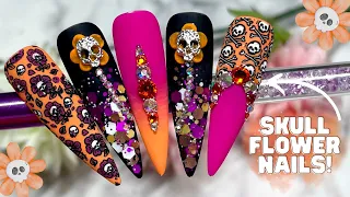 SKULL FOWER NAIL ART DESIGN USING STAMPING AND ACRYLIC| SKULL HALLOWEEN NAILS| ACRYLIC FLOWERS