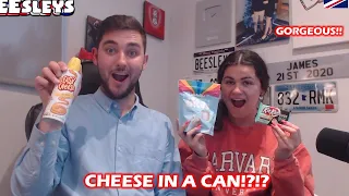 British Couple Try American Snacks for the First Time (Cheese in a can???)