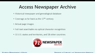 State Library of Florida Webinar Series  Newspapers at the State Library